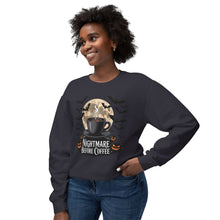 Load image into Gallery viewer, Halloween Coffee Crewneck Sweatshirt, Unisex Sweater for Fall, Cozy Autumn Style, Nightmare Before Coffee Gift, Halloween Apparel