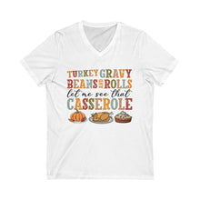 Load image into Gallery viewer, Thanksgiving V-Neck Tee - Turkey Gravy Beans Rolls Casserole Shirt, Fall Apparel, Holiday Gift, Family Gatherings, Casual Wear