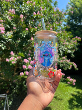 Load image into Gallery viewer, Ohana Means Family Glass Can Cup – 16oz Stitch &amp; Lilo Cup with Bamboo Lid  Glass Straw | Cute Iced Coffee Tumbler, Kawaii Summer Gift