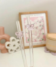 Load image into Gallery viewer, Bow glass Straw| Cute Glass Straws| Glass Straw |gift for her| Cup Accessories | Pink Glass Straw